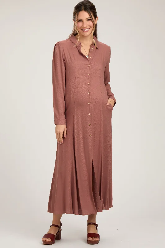 Maternity bras that are designed for extended breastfeeding periods-Rust Collared Button Down Long Sleeve Maternity Maxi Dress
