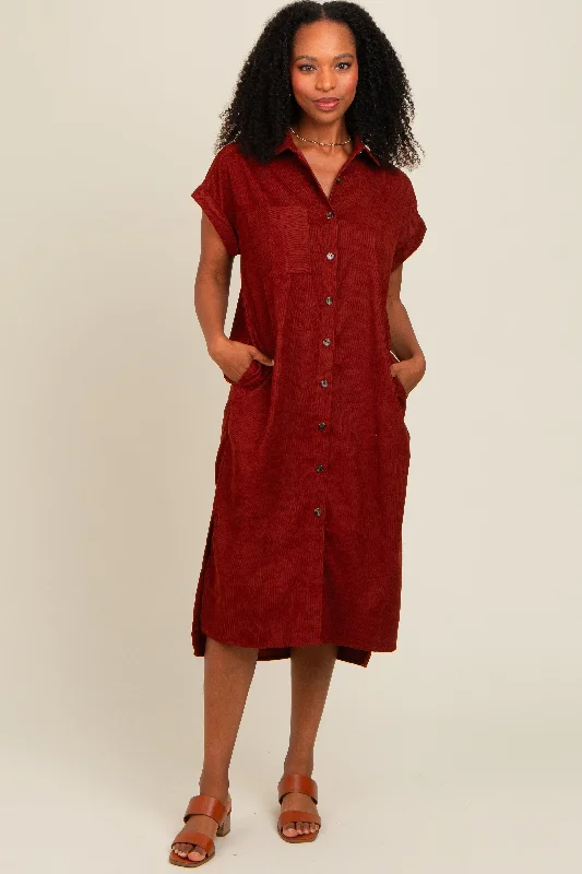 Nursing bras with a focus on comfort during cold winter months and indoor activities with a baby during breastfeeding-Rust Corduroy Button Down Midi Dress