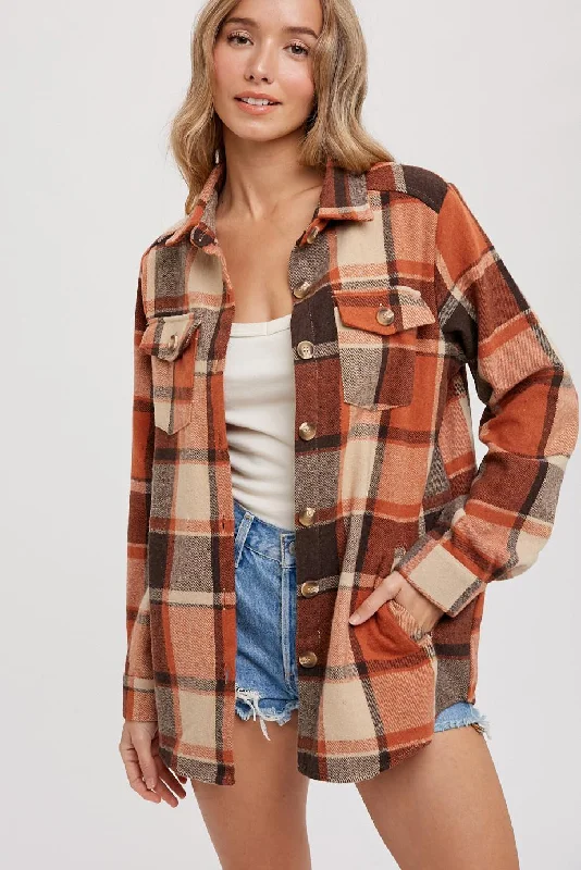 Nursing bras with a focus on comfort during travel and on-the-go feedings with a baby carrier during breastfeeding-Rust Plaid Shirt Jacket