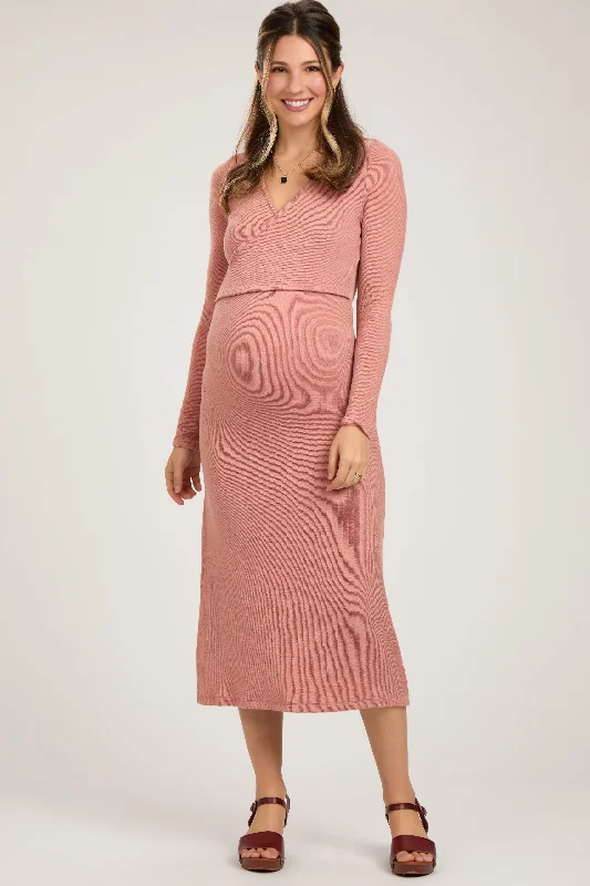 Maternity bras that are recommended by healthcare professionals-Rust Ribbed Long Sleeve Maternity Wrap Nursing Dress Maternity bras that are recommended by healthcare professionals-Rust Ribbed Long Sleeve Maternity Wrap Nursing Dress