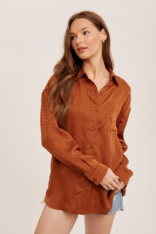 Maternity bras suitable for women with different body types and shapes-Rust Satin Checkered Print Blouse
