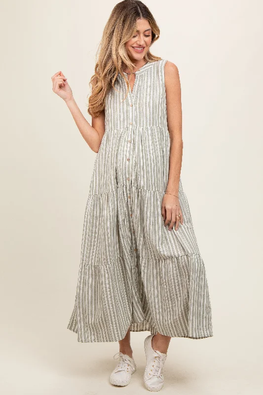 Maternity bras designed for women with different body types and shapes during postpartum recovery and breastfeeding-Sage Striped Sleeveless Tiered Linen Maternity Midi Dress Maternity bras designed for women with different body types and shapes during postpartum recovery and breastfeeding-Sage Striped Sleeveless Tiered Linen Maternity Midi Dress