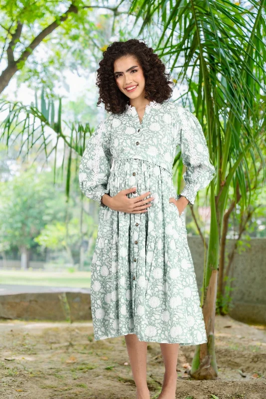 Maternity bras suitable for women with different body shapes and sizes-Seafoam Maternity & Nursing Gathered Dress (100% Cotton)