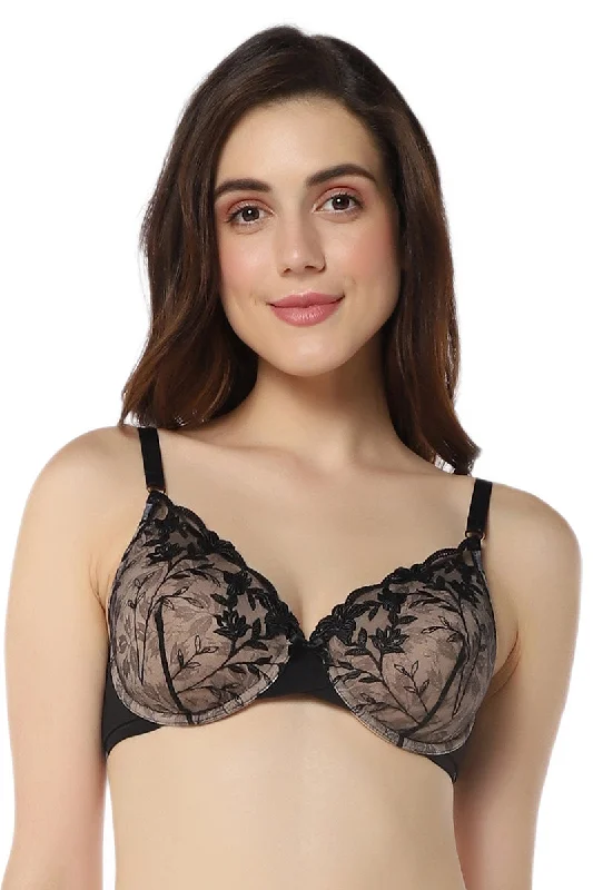 Plunge bras for low-cut tops-Sheer Luxe Padded Wired Demi Bra - Black & Stucco