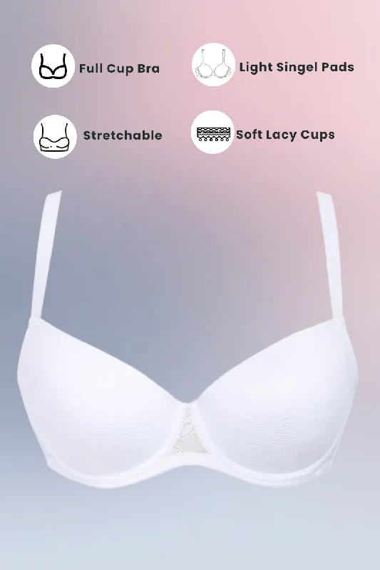 Soft cup bras for gentle support-White Laced Padded Wired Bra