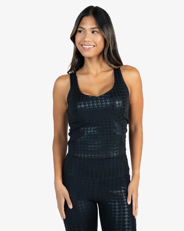 Sports bras for cycling and exercise classes-Skin Shakti Tank (Mid-Length) - Black Houndstooth Sports bras for cycling and exercise classes-Skin Shakti Tank (Mid-Length) - Black Houndstooth
