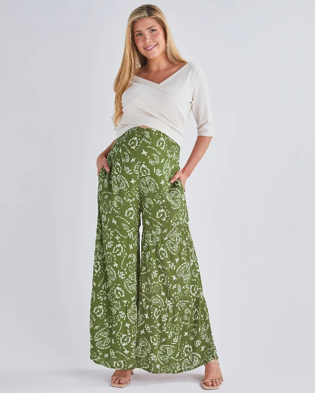 Nursing bras with a focus on comfort during cold winter months and indoor activities with a baby during breastfeeding-Stacie Wide Leg Maternity Pants in Green Paisley Print