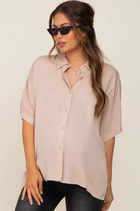 Nursing bras with a focus on comfort during long walks and strolls with a stroller-Taupe Button Up Dolman Short Sleeve Maternity Top Nursing bras with a focus on comfort during long walks and strolls with a stroller-Taupe Button Up Dolman Short Sleeve Maternity Top