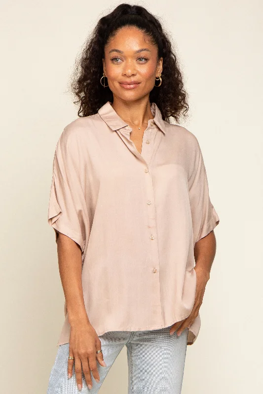 Nursing bras with a focus on support and stability during exercise and workouts-Taupe Button Up Dolman Short Sleeve Top