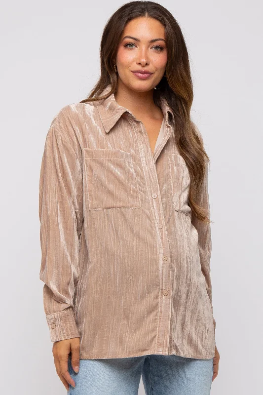 Maternity bras suitable for women with larger busts and extra support during breastfeeding-Taupe Button Up Velvet Maternity Top Maternity bras suitable for women with larger busts and extra support during breastfeeding-Taupe Button Up Velvet Maternity Top