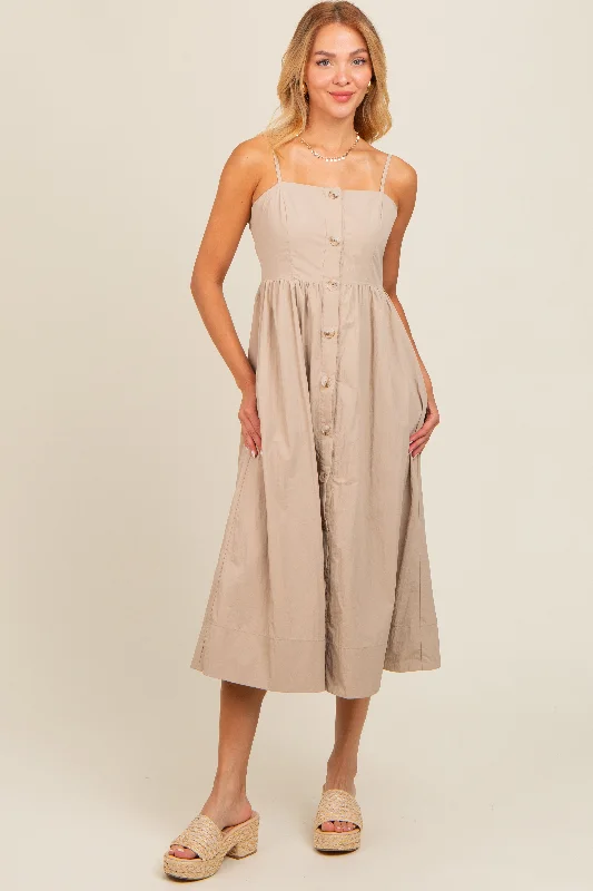 Maternity bras that are designed for women with back pain and support during postpartum recovery and breastfeeding-Taupe Sleeveless Button Down Midi Dress