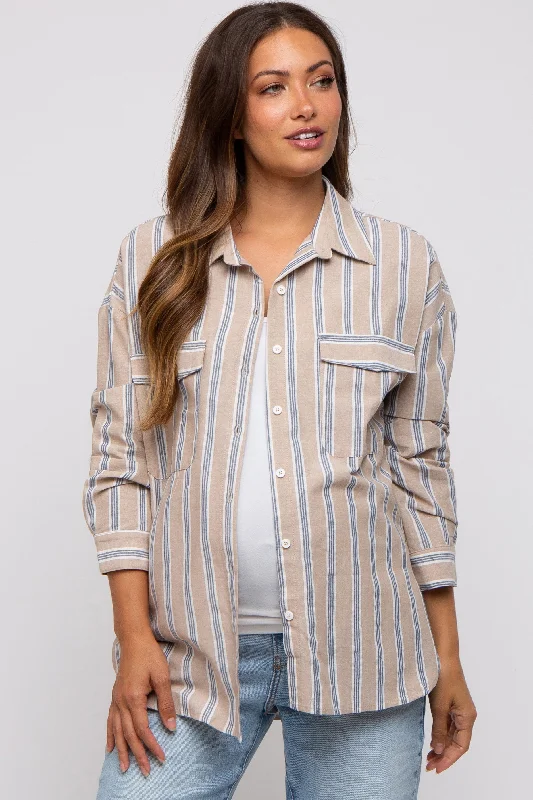 Maternity bras that are compatible with breastfeeding accessories and pillows during breastfeeding-Taupe Striped Button Up Maternity Top Maternity bras that are compatible with breastfeeding accessories and pillows during breastfeeding-Taupe Striped Button Up Maternity Top