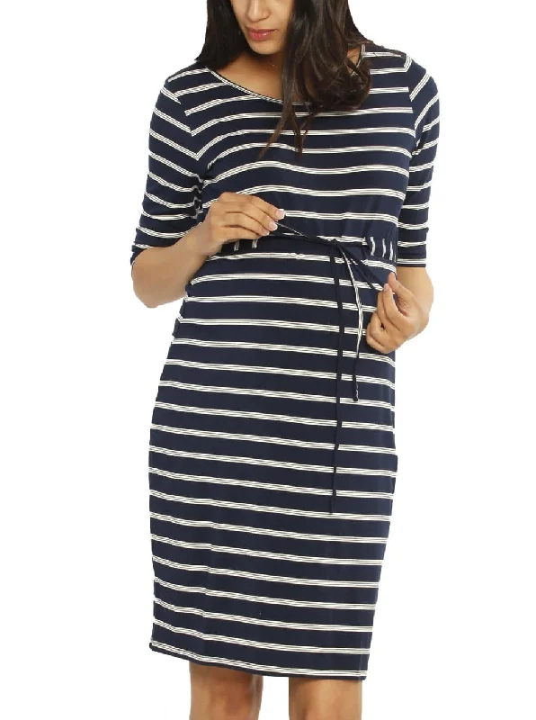 Maternity bras designed for women with sensitive breasts during postpartum recovery and breastfeeding-The Mummy Drawstring Half Sleeve Dress - Navy & White Stripes Maternity bras designed for women with sensitive breasts during postpartum recovery and breastfeeding-The Mummy Drawstring Half Sleeve Dress - Navy & White Stripes