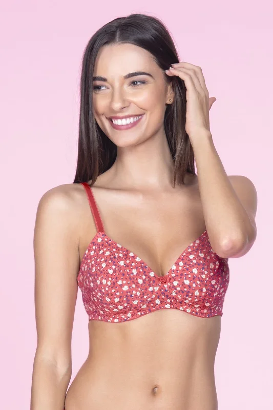Sports bras for gym workouts-Florette Padded Non-Wired Printed T-Shirt Bra - Tiger Lily-Golden Haze