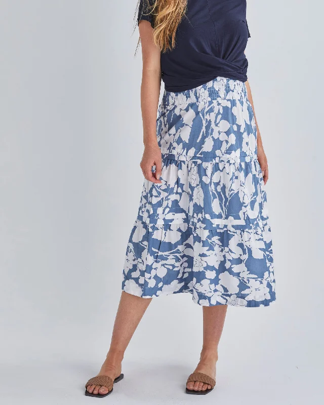 Maternity bras suitable for women with different cup sizes and support during breastfeeding-Tracy Maternity Tiered Midi Skirt in Blue Floral Maternity bras suitable for women with different cup sizes and support during breastfeeding-Tracy Maternity Tiered Midi Skirt in Blue Floral