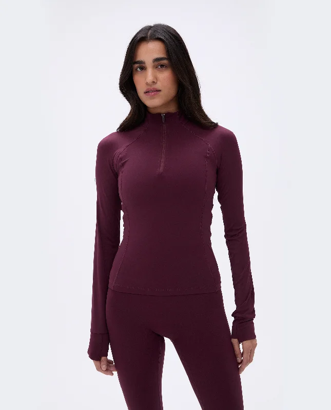 Non-wire sports bras for comfort-Ultimate Long Sleeve Quarter Zip Top  - Dark Cherry