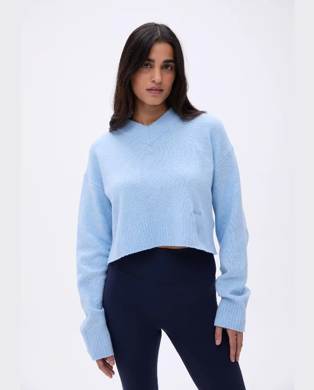 Sports bras with firm support-V Neck Knit Sweatshirt - Powder Blue