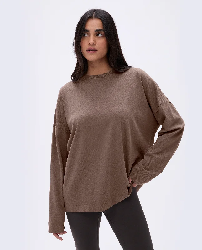 Compression sports bras for long runs-Washed Long Sleeve Drop Shoulder T-shirt - Pebble Brown Compression sports bras for long runs-Washed Long Sleeve Drop Shoulder T-shirt - Pebble Brown