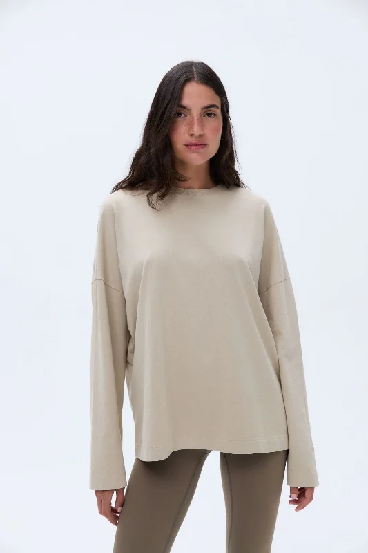 Sports bras for cycling and exercise classes-Washed Long Sleeve Oversized T-shirt - Sand