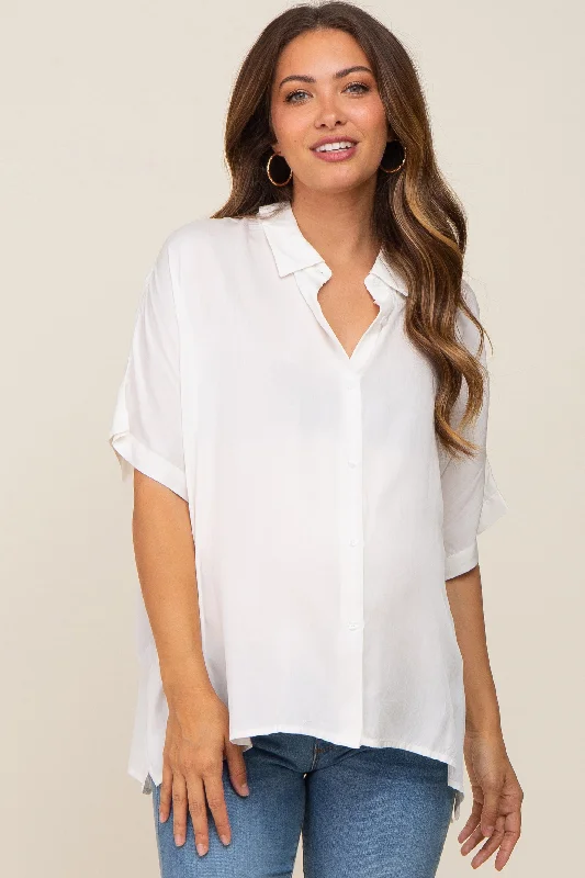 Maternity bras suitable for women with sensitive skin and allergies-White Button Up Dolman Short Sleeve Maternity Top