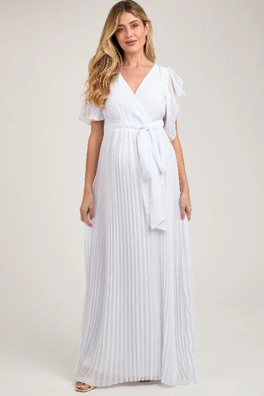 Nursing bras with a focus on comfort during cold winter months and indoor activities with a baby during breastfeeding-White Chiffon Wrap Front V-Neck Short Sleeve Pleated Maternity Maxi Dress