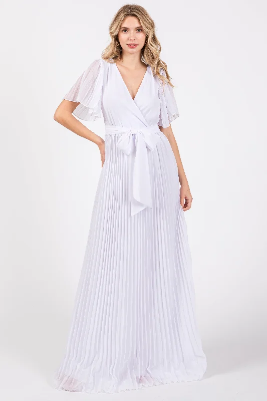 Maternity bras with a focus on sustainability and eco-friendliness-White Chiffon Wrap Front V-Neck Short Sleeve Pleated Maxi Dress