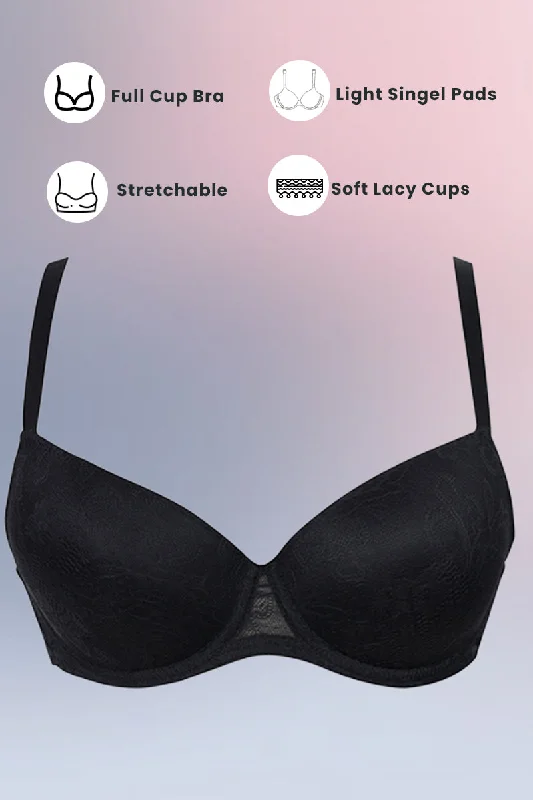 Sports bras for weight lifting-Black Laced Padded Wired Bra