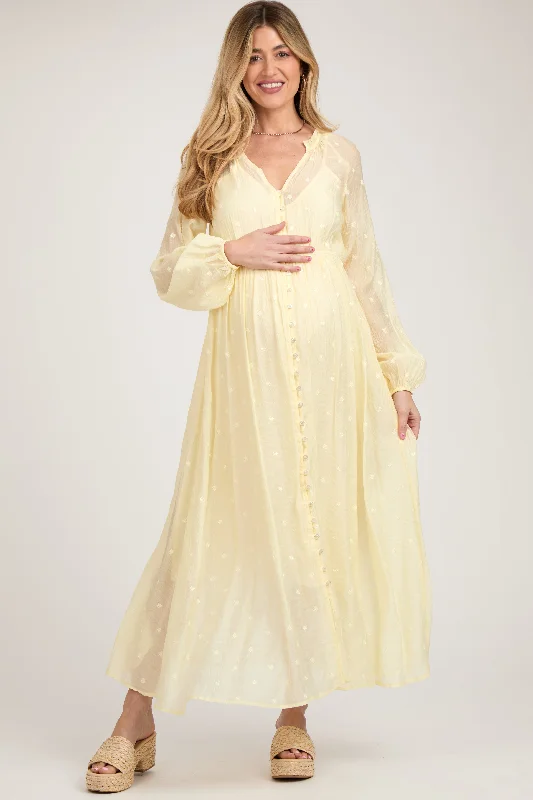Soft cup nursing bras for gentle support-Yellow Embroidered Maternity Button Down Maxi Dress