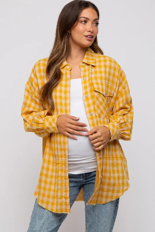 Nursing bras with a focus on comfort during cold winter months and indoor activities with a baby-Yellow Mixed Plaid Fringe Maternity Button Down Top