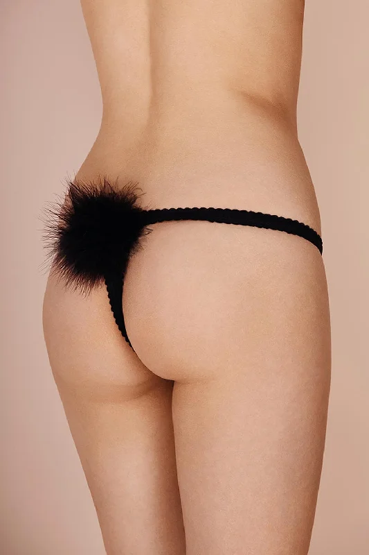 Women's panties with ergonomic fit-Diana Silk & Marabou Feather Pom Pom Thong, Size M (UK 10-12)