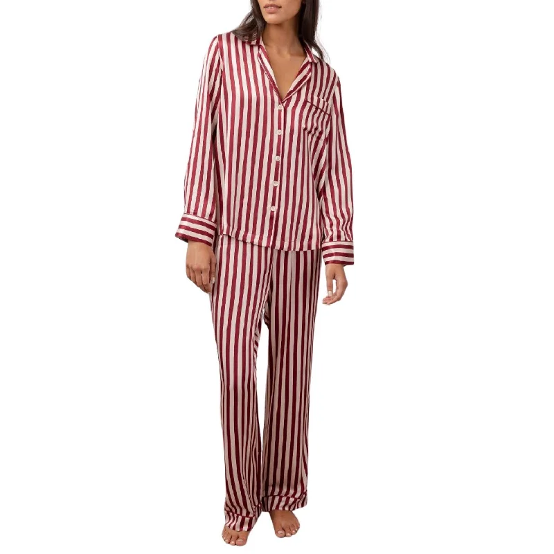 Women's pajamas with matching nightgown-Alba Silky Pajama Set In Blush/wine Stripe