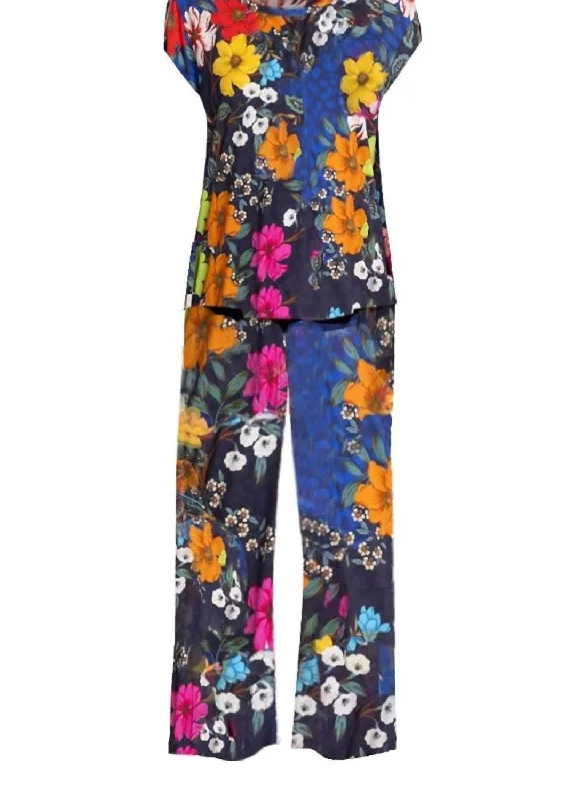 Trendy women's pajamas for sleep-Archimal Cap Sleeve Crop Set Pajama In Blue Multi