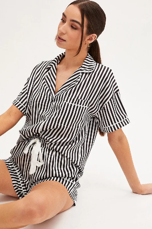 Women's pajamas for sleep and lounge-BLACK Pyjamas Set Short Sleeve Collared Shorts Satin