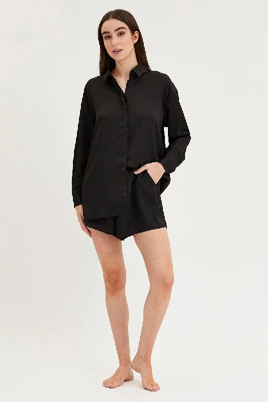 Women's pajamas with long sleeve top-Black Satin Pajamas Set Long Sleeve