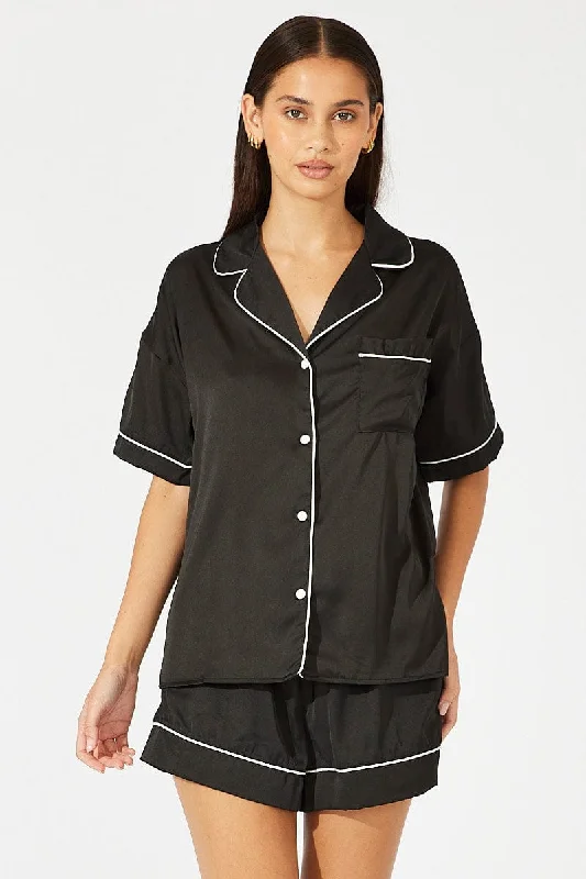 Women's pajamas for relaxing evenings-Black Satin Pajamas Set Short Sleeve