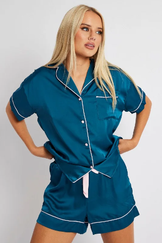 Women's pajamas with stylish patterns and design-Blue Satin Pj Contrast Piping Pyjama Set