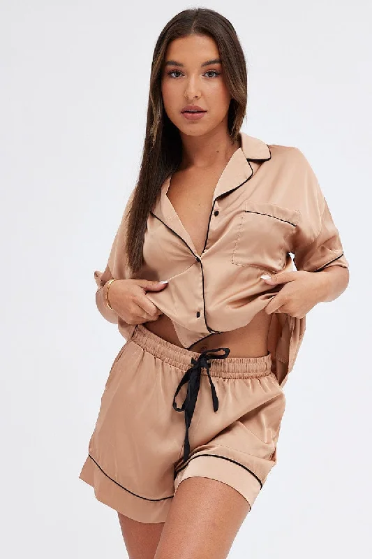 Cozy pajamas set for women-Brown Satin Pj Piping Button Through Pyjama Set