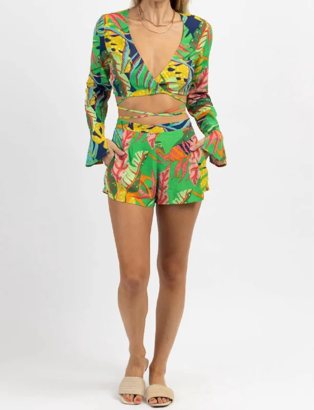 Cozy women's pajamas for fall season-Bungalow Tropic Tie Top + Short Set In Green Multi Cozy women's pajamas for fall season-Bungalow Tropic Tie Top + Short Set In Green Multi