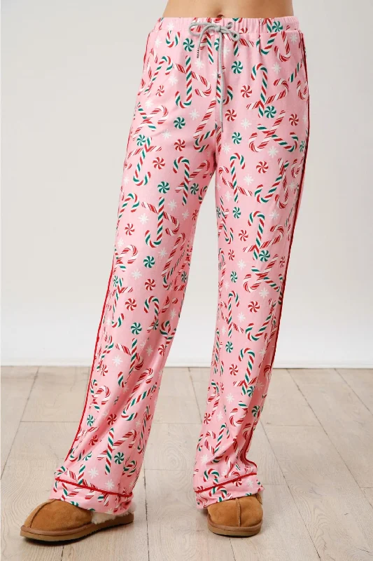 Soft women's pajamas with a relaxed fit-Candy Cane Printed Pajama Pants In Pink/multi