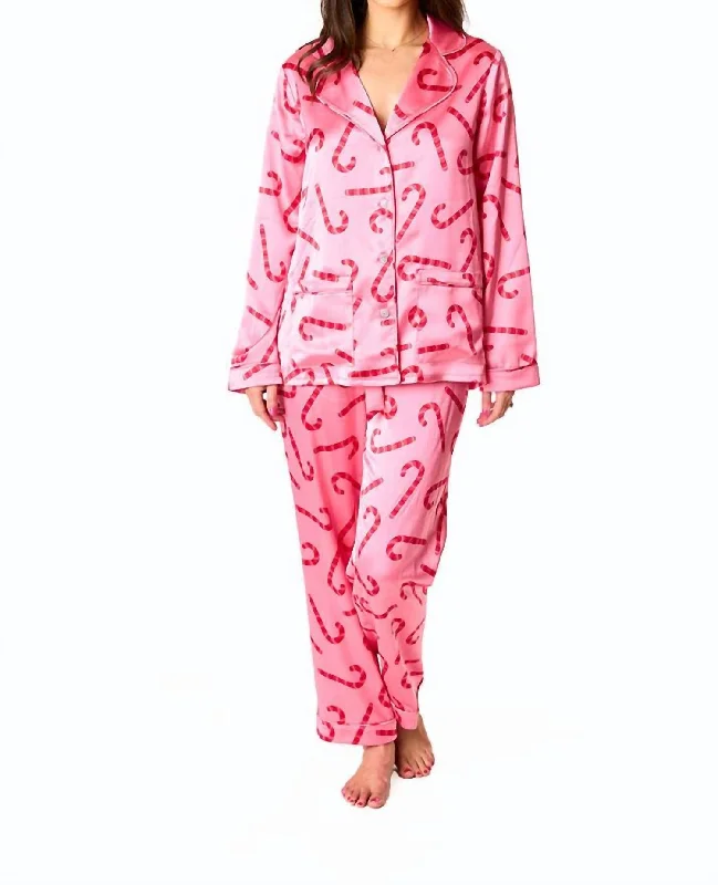 Women's pajamas with delicate embroidery-Candy Land Pajama Set In Pink