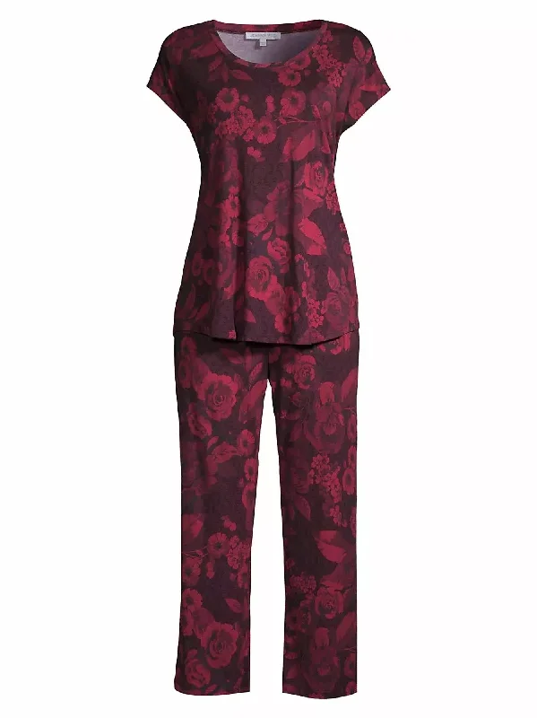 Stylish women's pajamas for sleeping-Carrie Cap Sleeve Crop Set Pajama In Red