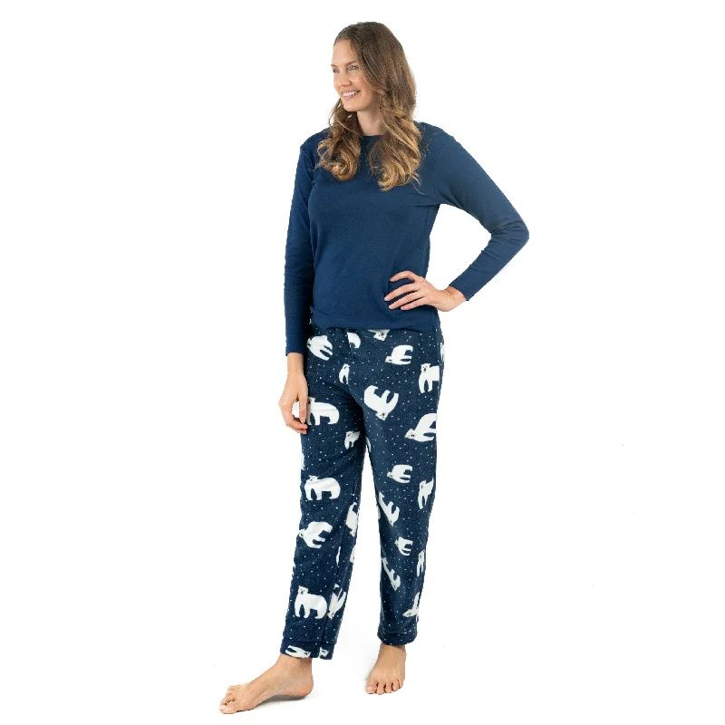 Comfortable women's pajamas with stretchy waistband-Christmas Womens Cotton Top and Fleece Pant Pajamas Bear