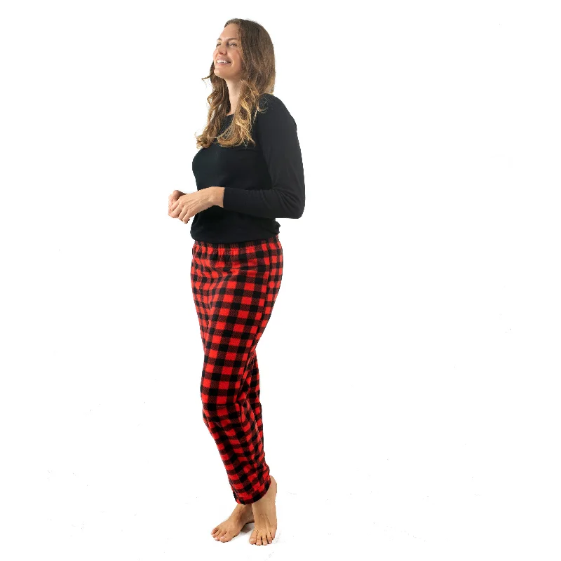 Cozy pajamas set for women with matching pants-Christmas Womens Cotton Top and Fleece Pant Pajamas Plaid