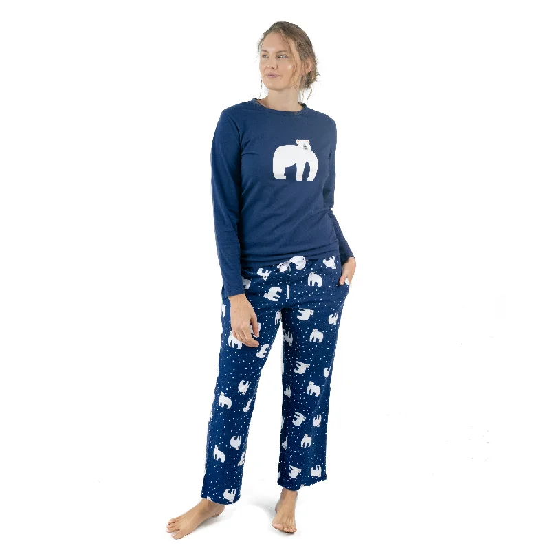 Soft cotton pajamas for cozy nights-Christmas Womens Cotton Top Flannel Pant Pajamas Polar Bear