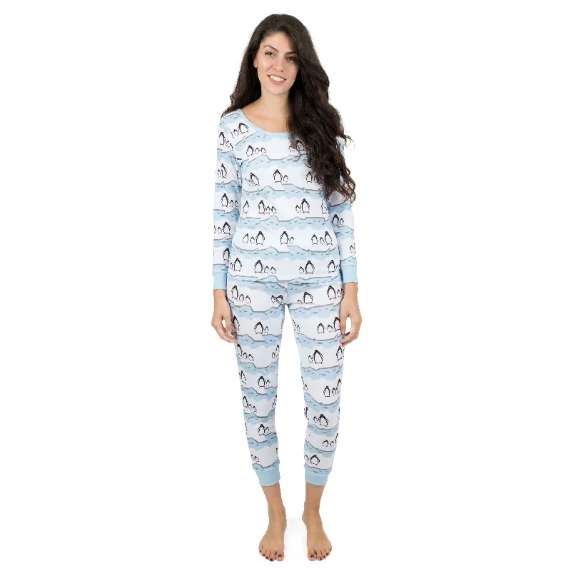 Women's pajamas with satin feel fabric-Christmas Womens Two Piece Cotton Pajamas Penguin