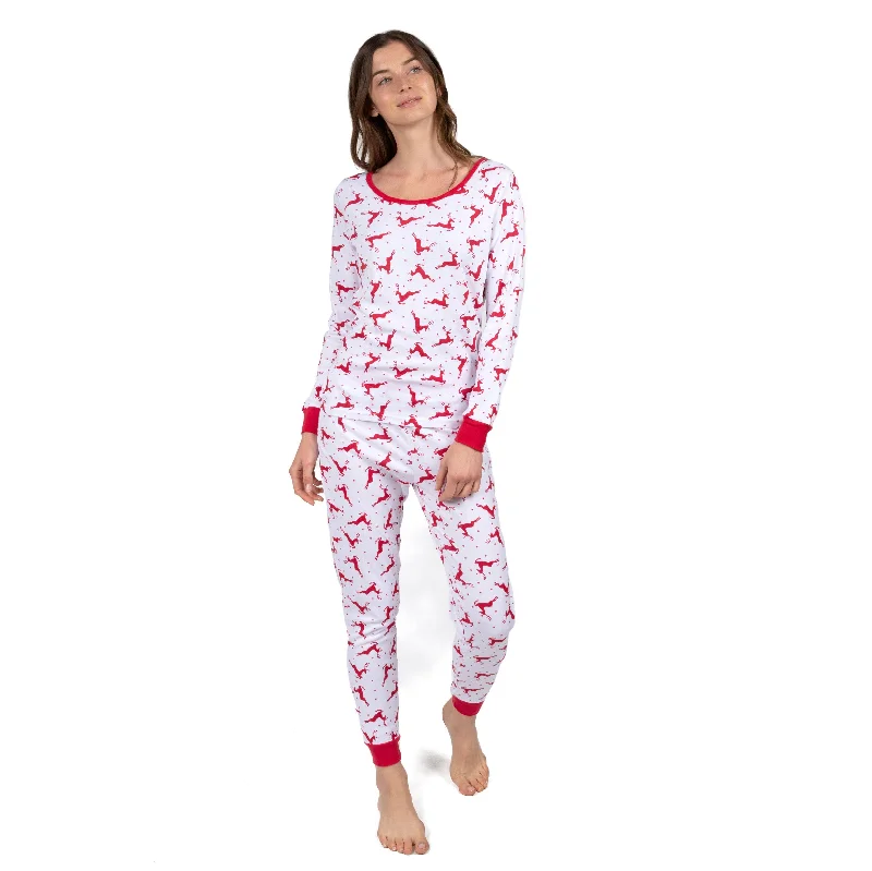 Women's pajamas with matching bottoms-Christmas Womens Two Piece Cotton Pajamas Reindeer Red and White