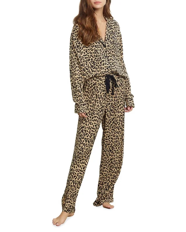Soft women's pajamas set for cozy sleep-Clara Animal Print Long Pajama Set In Sand Jaguar Soft women's pajamas set for cozy sleep-Clara Animal Print Long Pajama Set In Sand Jaguar