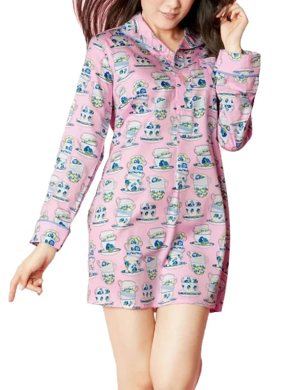 Elegant pajamas set for a luxurious sleep-Cuppa Tea Sateen L/s Pleated Nightshirt In Pink Elegant pajamas set for a luxurious sleep-Cuppa Tea Sateen L/s Pleated Nightshirt In Pink