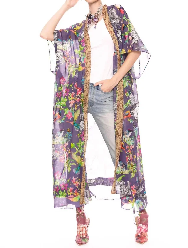 Women's pajamas with satin feel fabric-Dreaming Of Paradise Kimono In Vintage Lilac Bird Floral Women's pajamas with satin feel fabric-Dreaming Of Paradise Kimono In Vintage Lilac Bird Floral