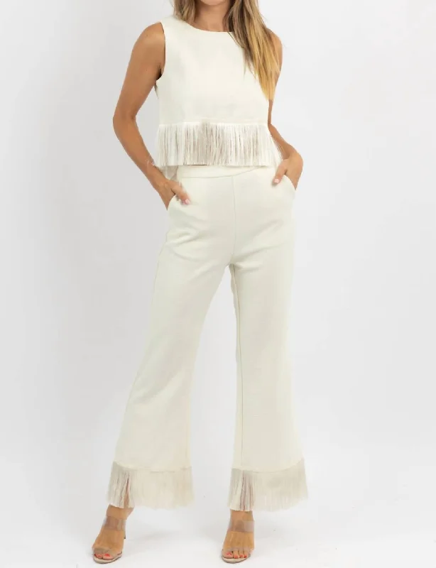 Stylish pajamas set with button-down top-Electric Feel Tassel Set In Cream
